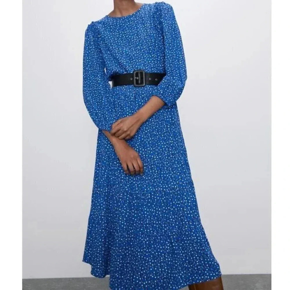 Zara Dresses & Skirts - Zara Polka Dot Midi Long Sleeve Blue Tier  Dress